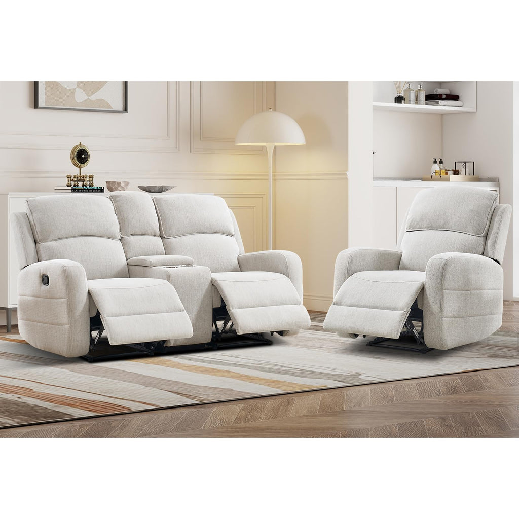 Manual Living Room Furniture Reclining Couch Set, Soft Fabric Recliner Chair and Loveseat Sofa Couch for Meeting