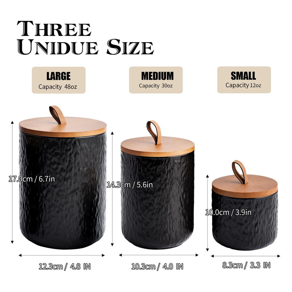Black Stone Ceramic Canister with Bamboo Lid, 3-Piece Airtight Jars