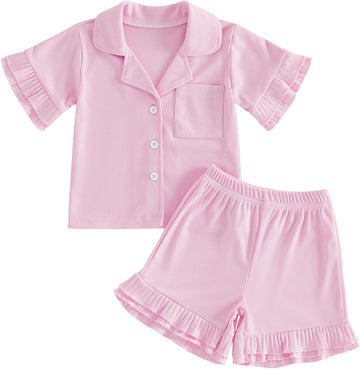 Toddler Baby Girls Ribbed Pajamas Set Ruffled Short Sleeve Button Up Shirt Tops Elastic Waist Shorts Girls Sleep Set