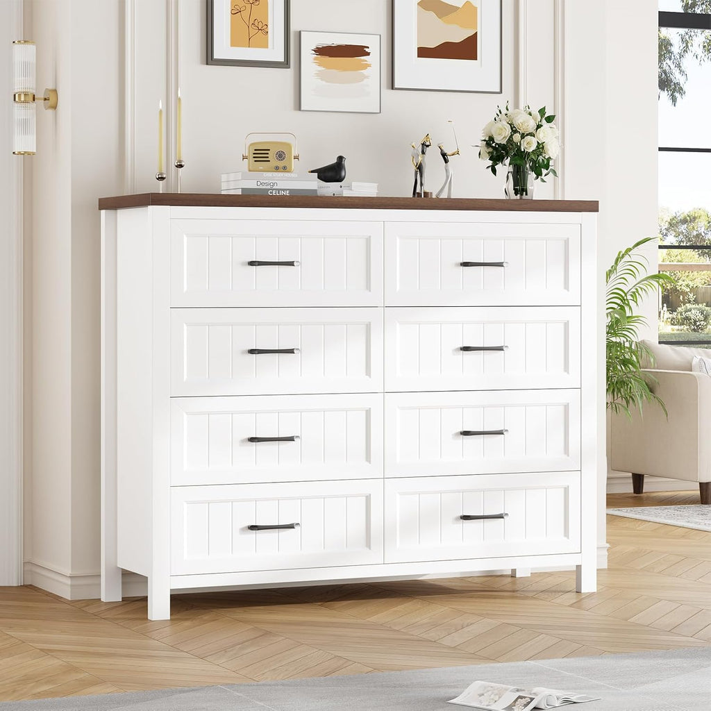 Farmhouse Dresser 8 Drawer Dresser , Large Wooden Dressers Double Grey Dresser with Deep Drawers Dressers (White and