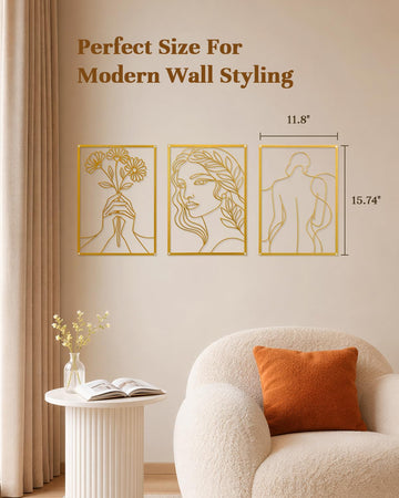 Golden Metal Wall Art Set, Woman Line Art & Floral Wall Decor - Set of 3