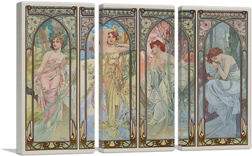 Times of the Day Canvas Art Print Stretched Framed Painting Picture Poster Giclee Wall Decor by Alphonse Mucha - 60"