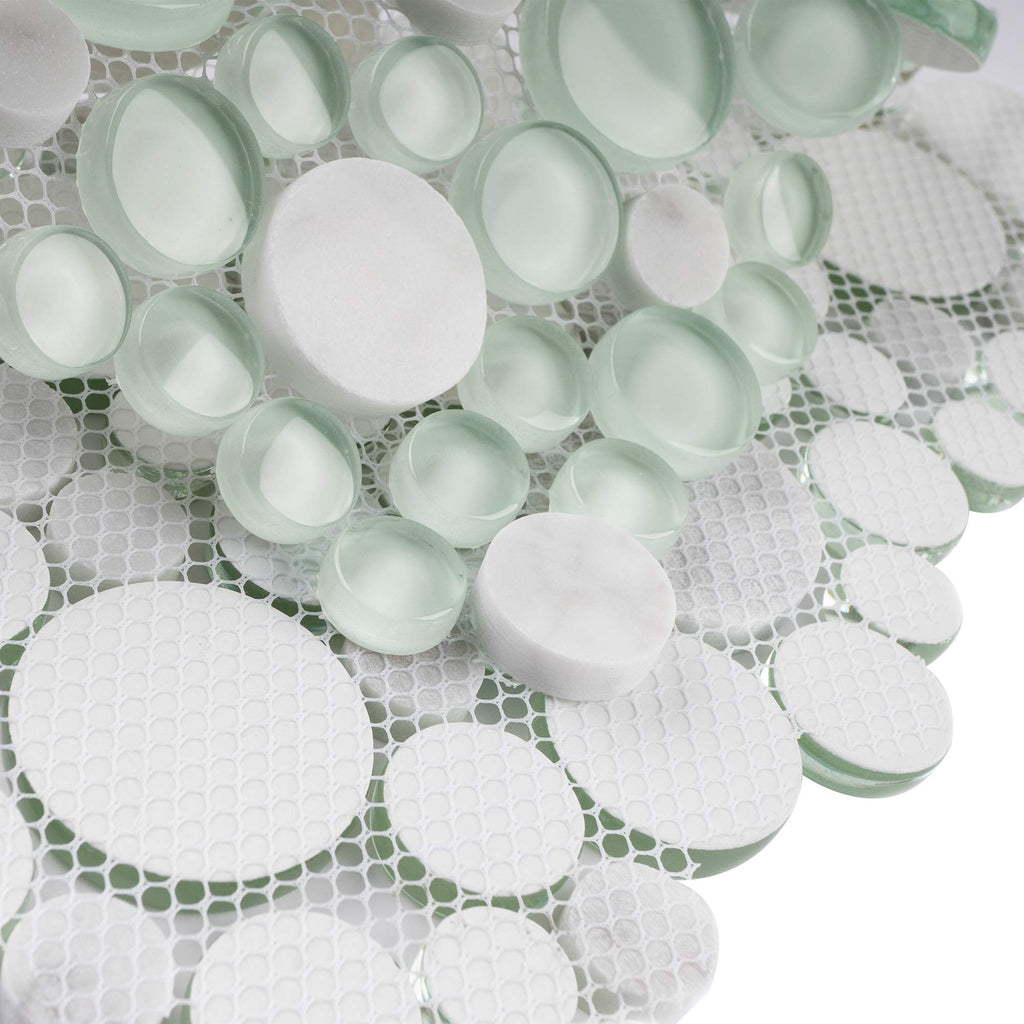 Snow Dove Glass and White Marble Bubbles Mosaic Tile 10.5 x 10.5 in - Frosted and Polished, Mesh-Mounted for
