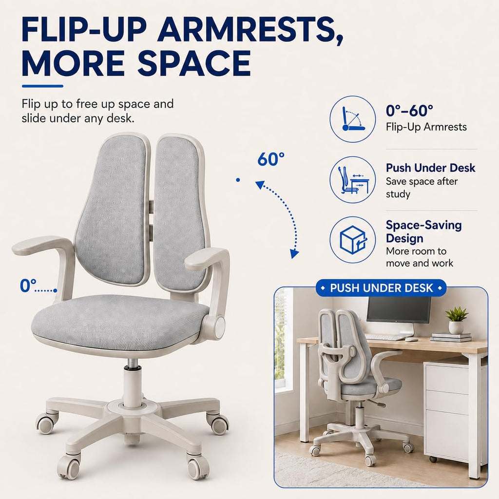 Ergonomic Kids Study Desk Chair with Lumbar Support, Adjustable Height, Adjustable Backrest, Flip-Up Armrests Bedroom