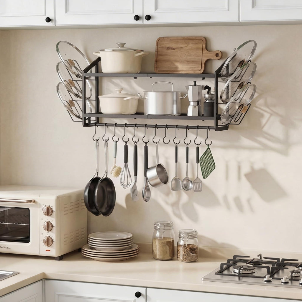 30"Pot Rack Wall Mounted with 6 Pot Lid Holders,12 Hooks for Hanging Pans