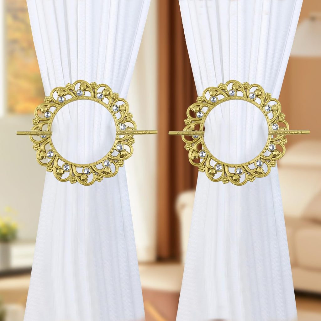 Gold Curtain Tiebacks, Round Drapery Holdbacks, 12 Crystals - 2 Pack
