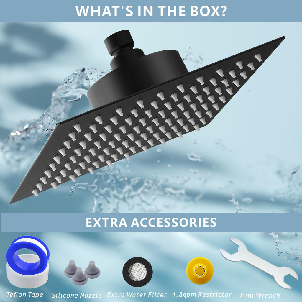 Large Rain Shower Head with Filtered - 12" All Metal Square Rainfall Showerhead Filter for Remove Chlorine and