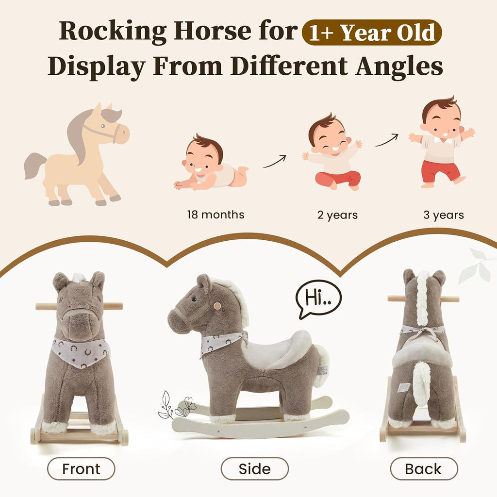 Rocking Horses Ages 1-3 Wooden Toddler Rocking Horse Plush Ride on Horse Toy with Realistic Sound Brown Horse Rocker