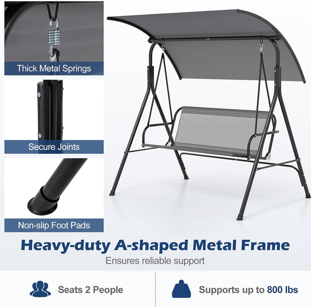 2 Person Porch Swing, Outdoor Swing with Removable Cushions, Solid Metal Structure, Patio Swing with Adjustable