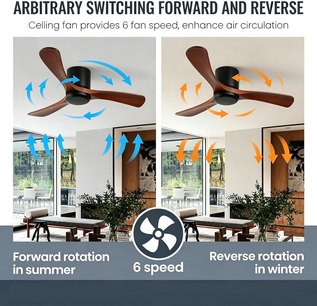 42 Inch Wood Ceiling Fan Without Light - Flush Mount, Remote Control, 3 Blade 6-Speed Reversible DC Motor, Noiseless Timer A101-B0GZNFXZKP