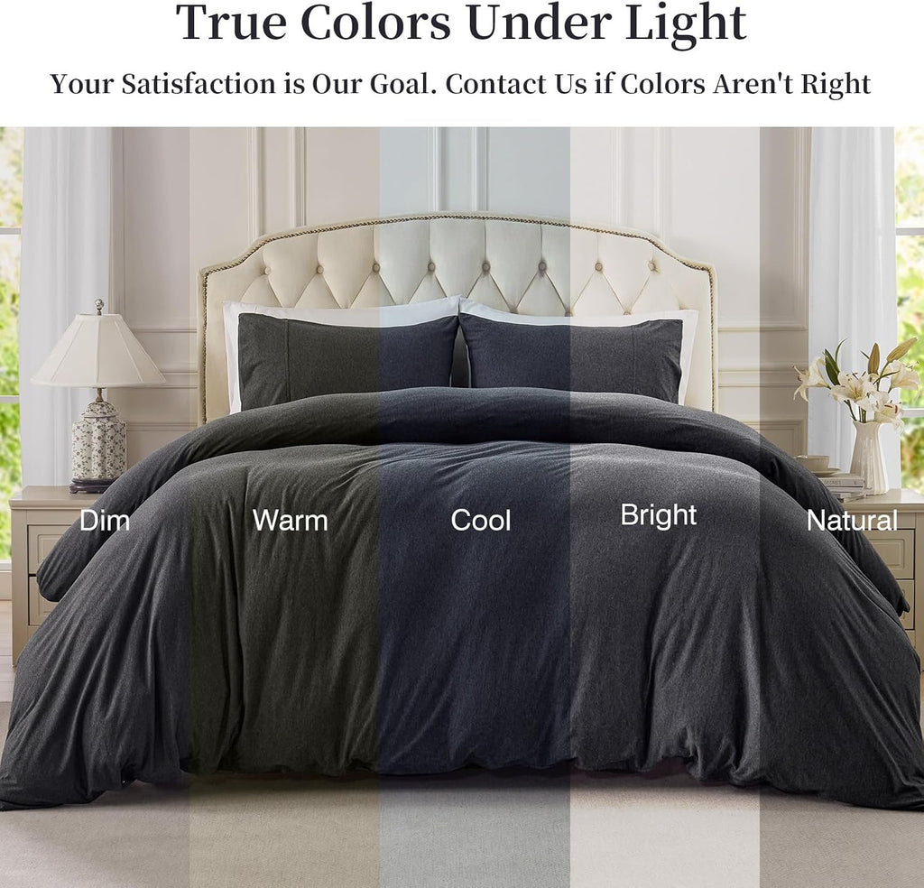 Knit Duvet Cover Set 100% T-Shirt Cotton Super Soft Comfy 3pc Bedding Set with Zipper Closure (Heather