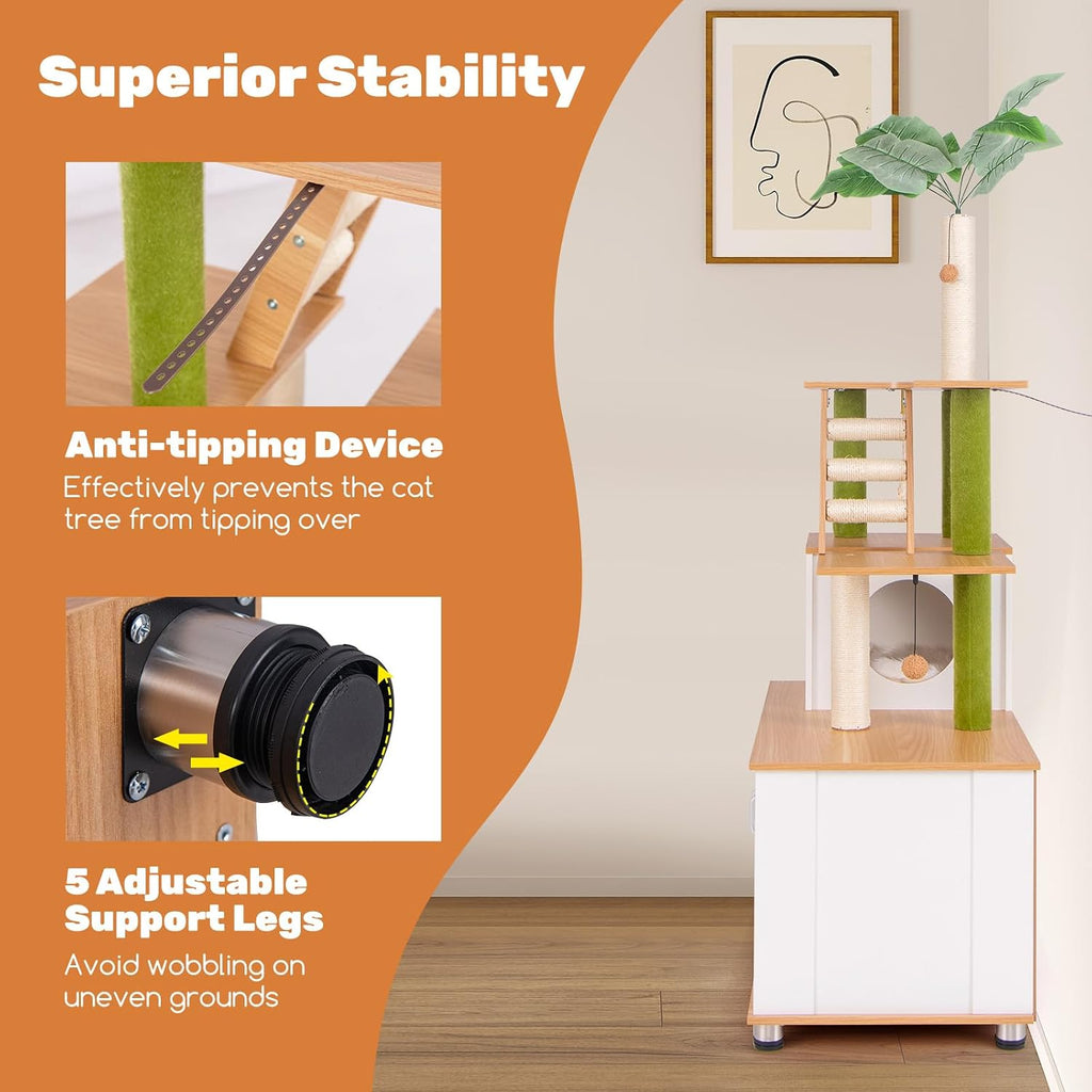 Cat Tree with Litter Box Enclosure, Multi-Level Modern Cat Tree Tower with Sisal Scratching Posts, Cat Condo, Ladder