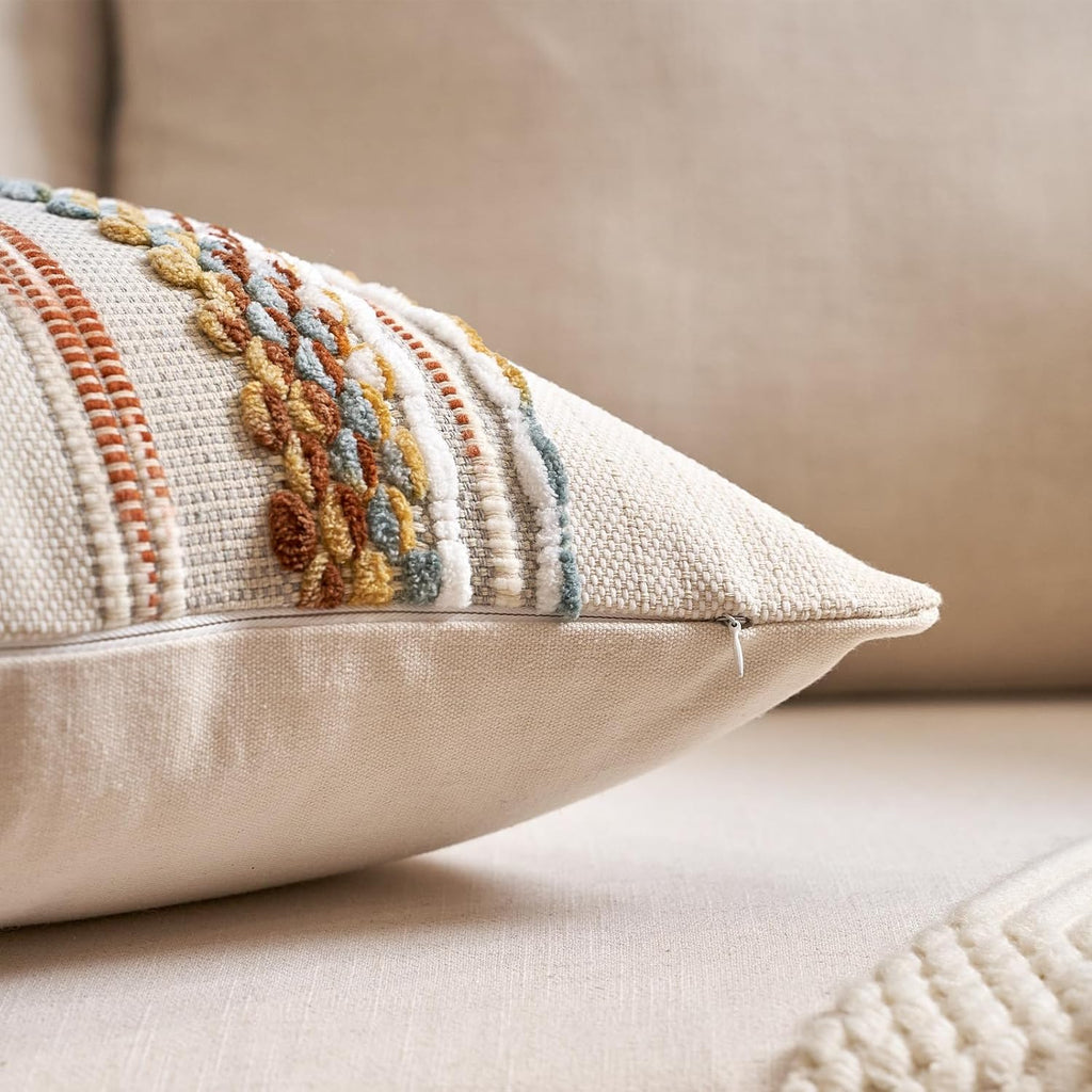 Boho Throw Pillow Covers 18x18 Inch Set of 2, Farmhouse Decorative Striped Square Pillow Covers Chenille Tufted