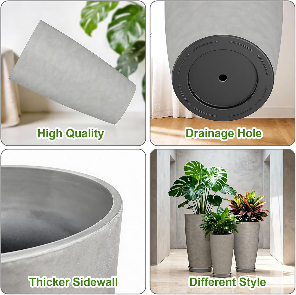 24, 21, 18 inch Tall Planters for Outdoor Plants, with Drainage Hole & Saucer, Set of 3 Tall Outdoor Planter for