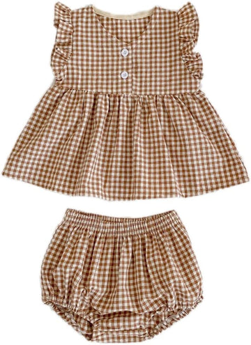 Baby Girls Summer Shorts Sets Infant Plaid Ruffle Sleeveless Tops Bloomer 2PCS Outfits