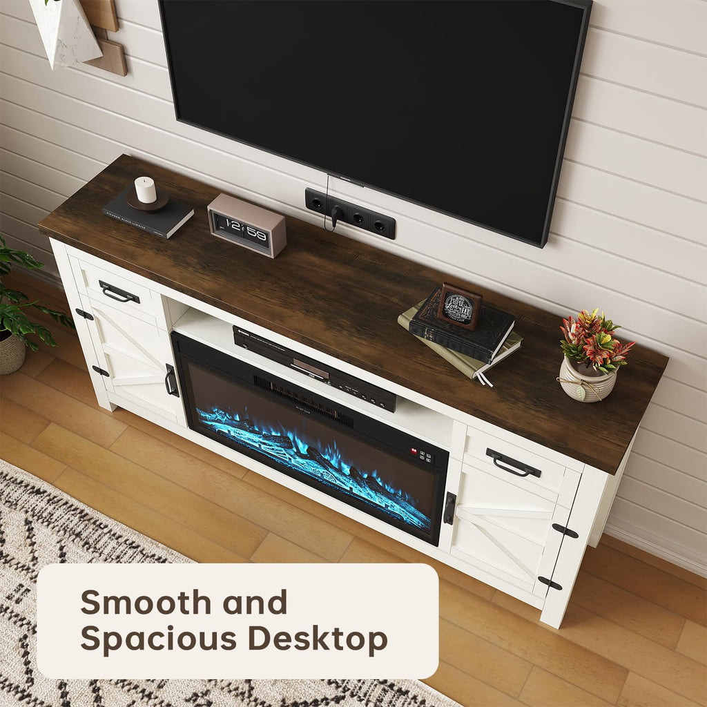 Farmhouse Fireplace TV Stand with Barn Door, 70 inch, White