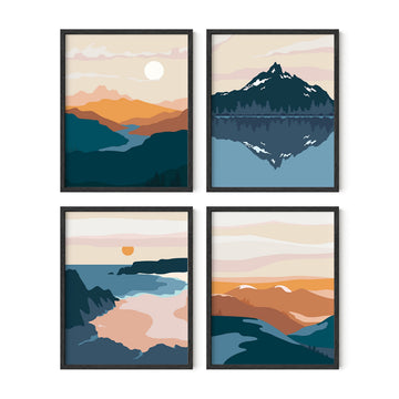 Nature Wall Art Prints Set of 4 - Landscape Mountain Decor, Mid Century Geometric Abstract Adventure Decor (Unframed