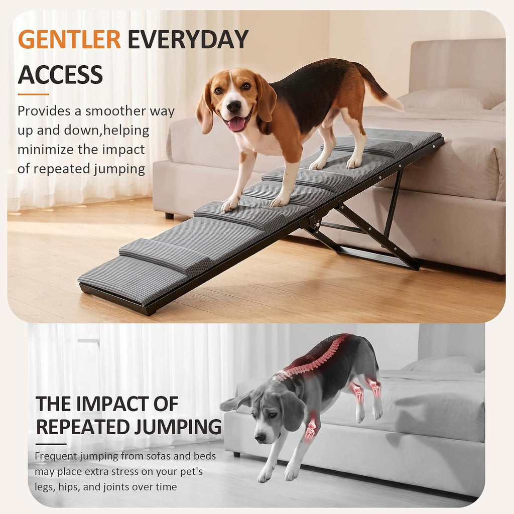 Dog Ramp for Bed & Couch, Foldable Pet Ramp with 5 Adjustable Height Levels, Non-Slip Striped Fabric, Portable Indoor