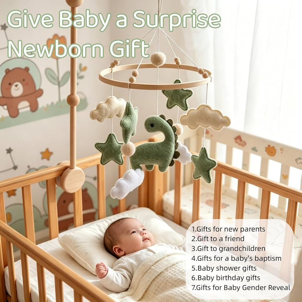 Soft Green Dinosaur Theme Baby Mobile for Crib, Simple Crib Bell for Boys and Girls, Felt Clouds Nursery Ceiling