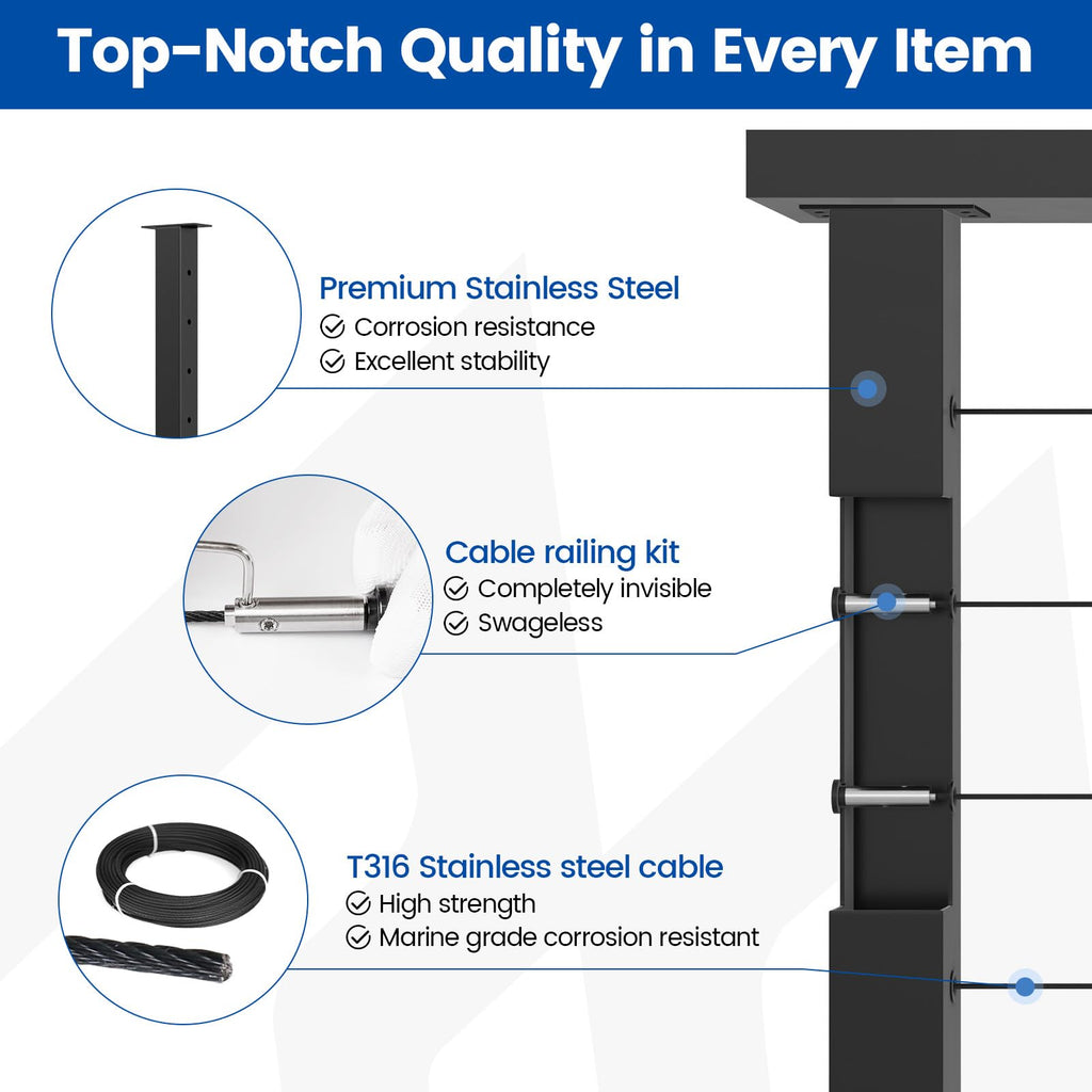 16-20ft Modular Cable Railing Kit for Deck Surface Mount 36in RW17