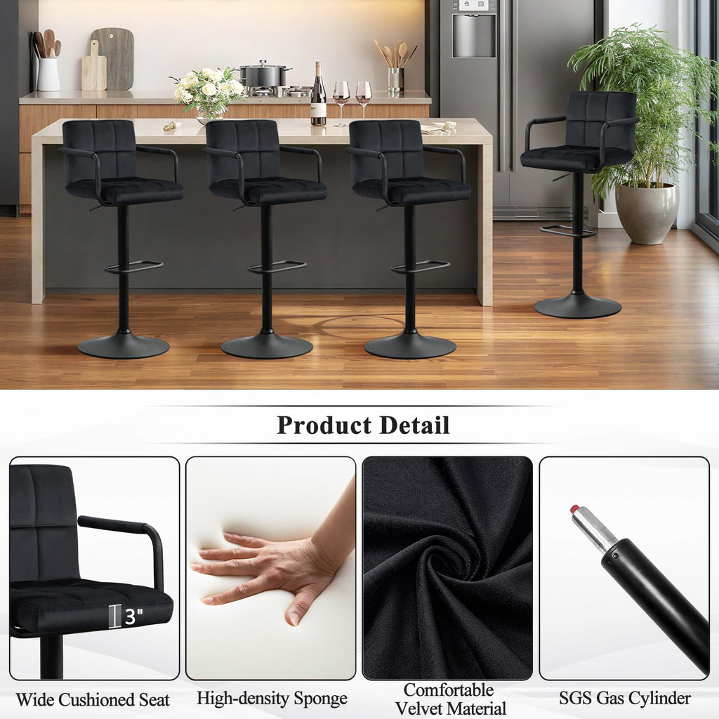 Adjustable Barstools with Back, Black bar stools Set of 2, Velvet 360°Swivel Bar Stools, Double Stitching Counter
