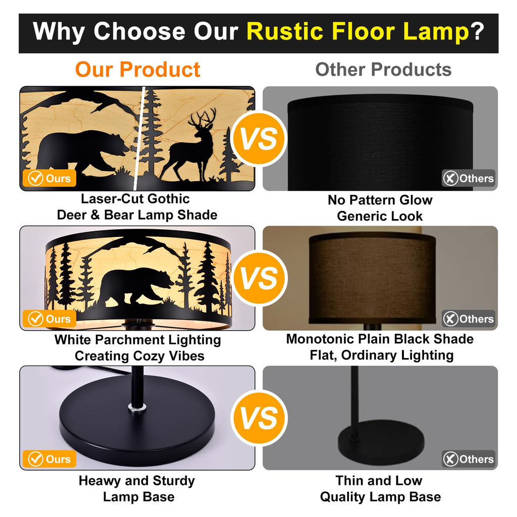 Rustic Floor Lamp, Deer Bear Forest Drum Shade Black Farmhouse Standing Light, 57.67" Metal Gothic Floor Lamp, Corner