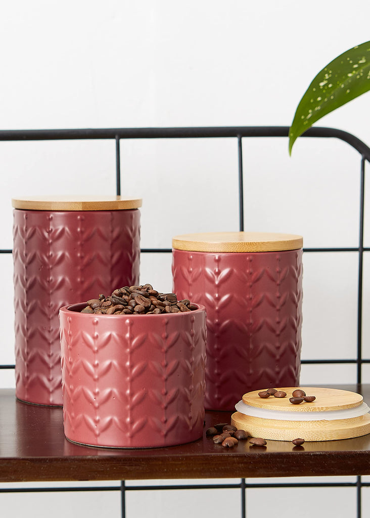 Kitchen Accessories Collection, Textured Matte Ceramic Canister Set, Barn Red, Vine, 3 Piece