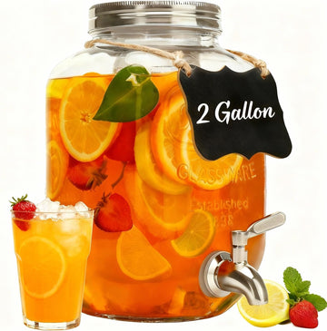 2 Gallon Christmas Drink Dispenser with 18/8 Stainless Steel Spigot - Glass Mason Jar for Sun Tea, Iced Lemonade