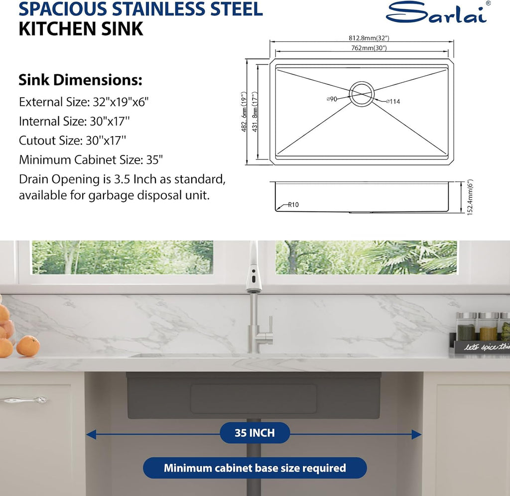ADA Undermount Kitchen Sink, 32 Inch Undermount Workstation Kitchen Sink 6-Inch Low Depth ADA Compliant Single Bowl