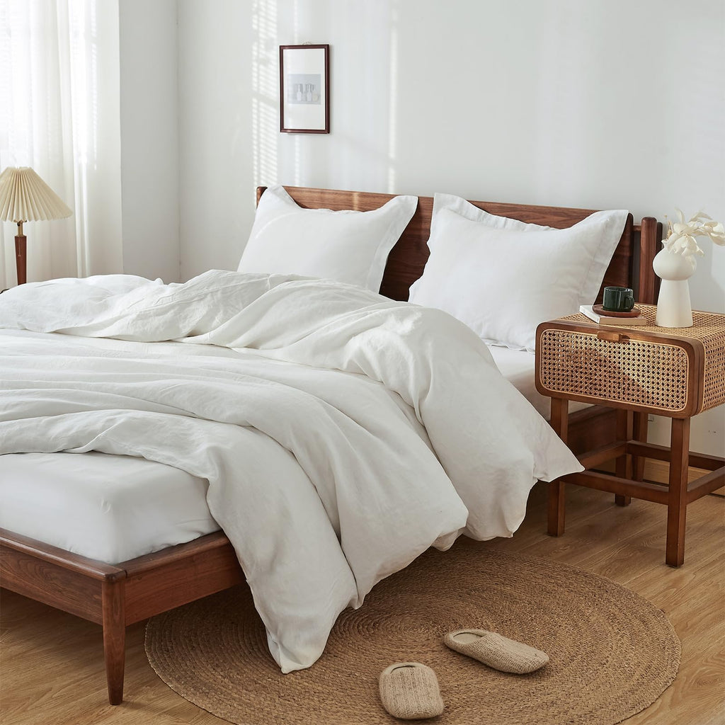 100% French Linen Pillow Shams Basic Style - Pack of 2 - Washed Solid Color Natural Flax Soft Breathable - White