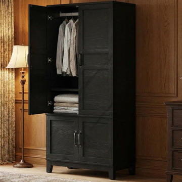 Armoire Wardrobe Closet with 4 Doors, 72" Tall Wooden Clothing Wardrobe with Hanging Rod & DIY Adjustable Shelf