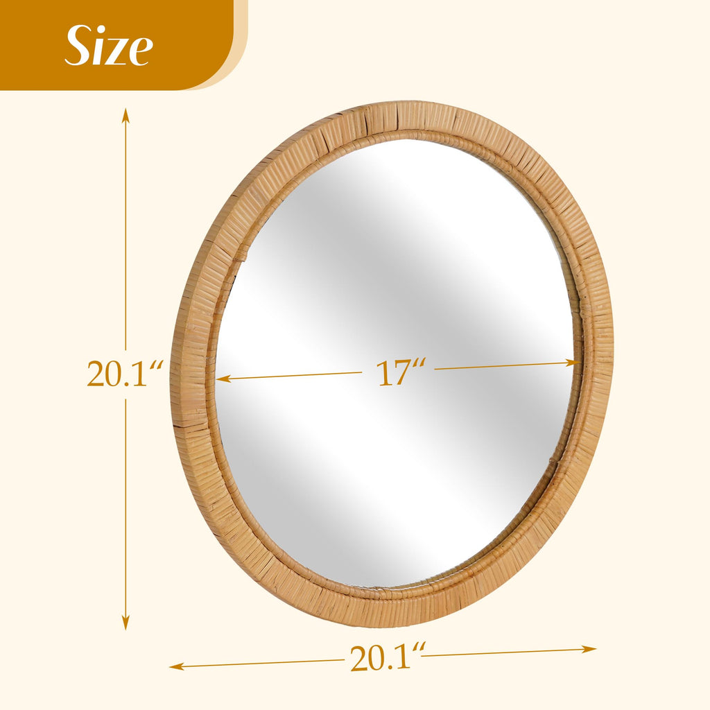 Rattan Wall Mirror - 20" Boho Round Bathroom Mirror Decorative Farmhouse Circle Mirror for Vanity Entryway Living