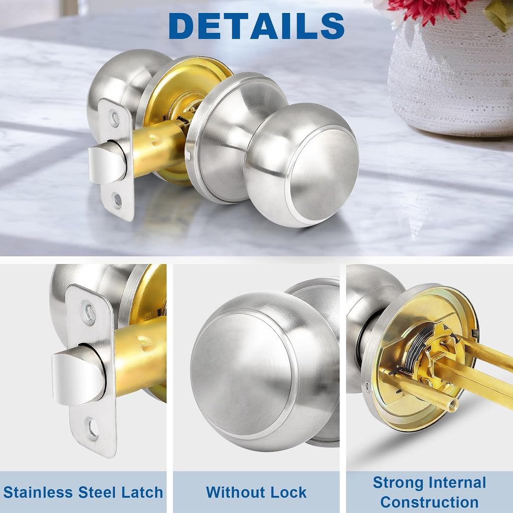 Brushed Nickel Door Knob, 10 Pack Round Keyless Doorknobs Interior Lockset