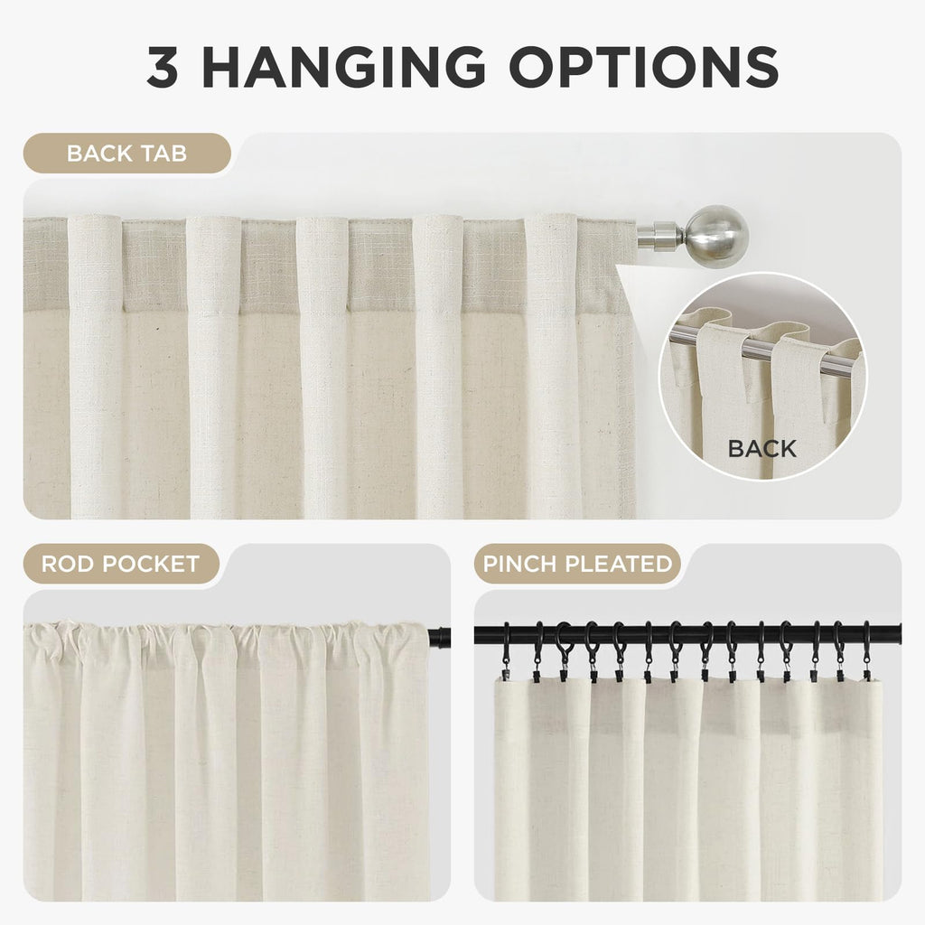 Curtains, 108 Inches Long, 2 Panels Set, Farmhouse Drapes, Semi-Blackout, Linen-Polyester, Ivory on Linen, Rod Pocket
