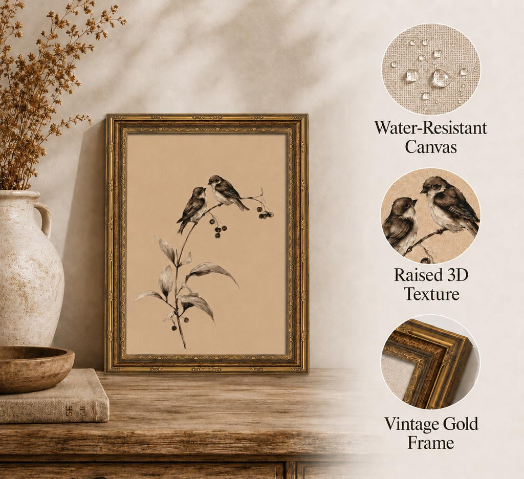 Gold Framed 3D Textured Wall Art, Vintage Sketch Birds on Branch Canvas Prints, Minimalist Love Bird Pictures Decor