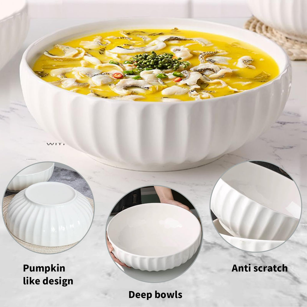 4 Quarts 2 Pcs Extra Large White Serving Bowls with Free Spoons, 12 inch Oversized Big Salad Bowls For Entertaining