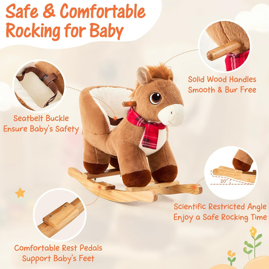Pony Rocking Horse for Toddlers 6 Months to 3 Years, Cute Baby Rocking Horse with Safety Belt, Stuffed Plush Ride on