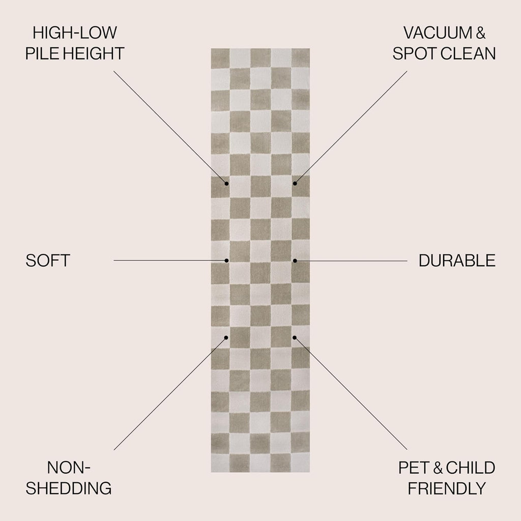 Checkerboard High-Low Runner Rug 2X8 Beige/Cream, Thea Modern Geometric, Easy-Cleaning, High Traffic, Pet-Friendly
