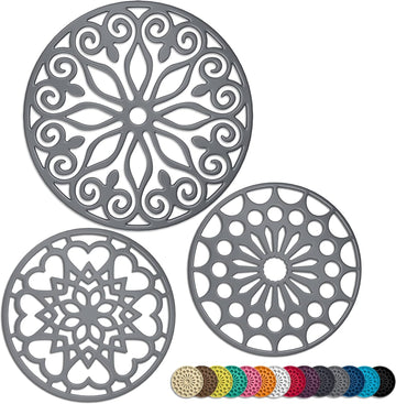 3 Set Silicone Trivet Mats with 1 Extra Large Included | Intricately Carved Insulated Flexible Durable Non Slip Thick