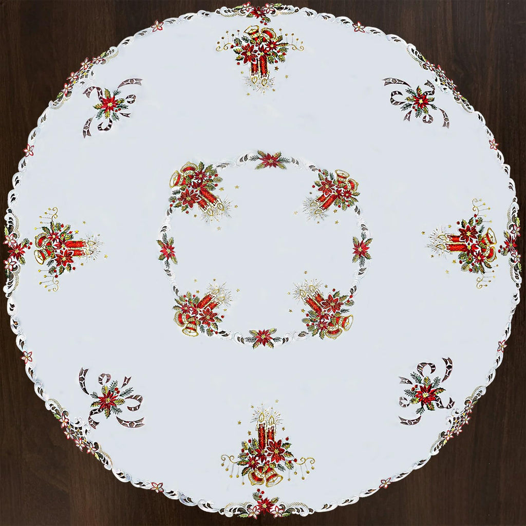 Holiday Tablecloth, White with Red Poinsettia Embroidered Design, Scalloped Edge, Christmas Dining Table Decor (Round
