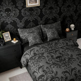 Erosebridal Gothic Damask Bed in a Bag Queen Comforter Set 7 Piece,Sugar Skull Bedding Sets Black Grey Victorian