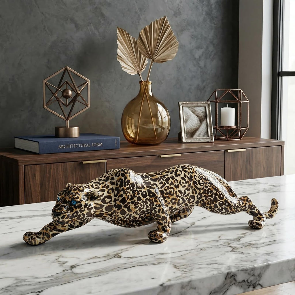 Modern Leopard Statue Home Decor - 15.4" Long Safari Animal Sculpture Figurine - Elegant Cheetah Panther Accent Desk