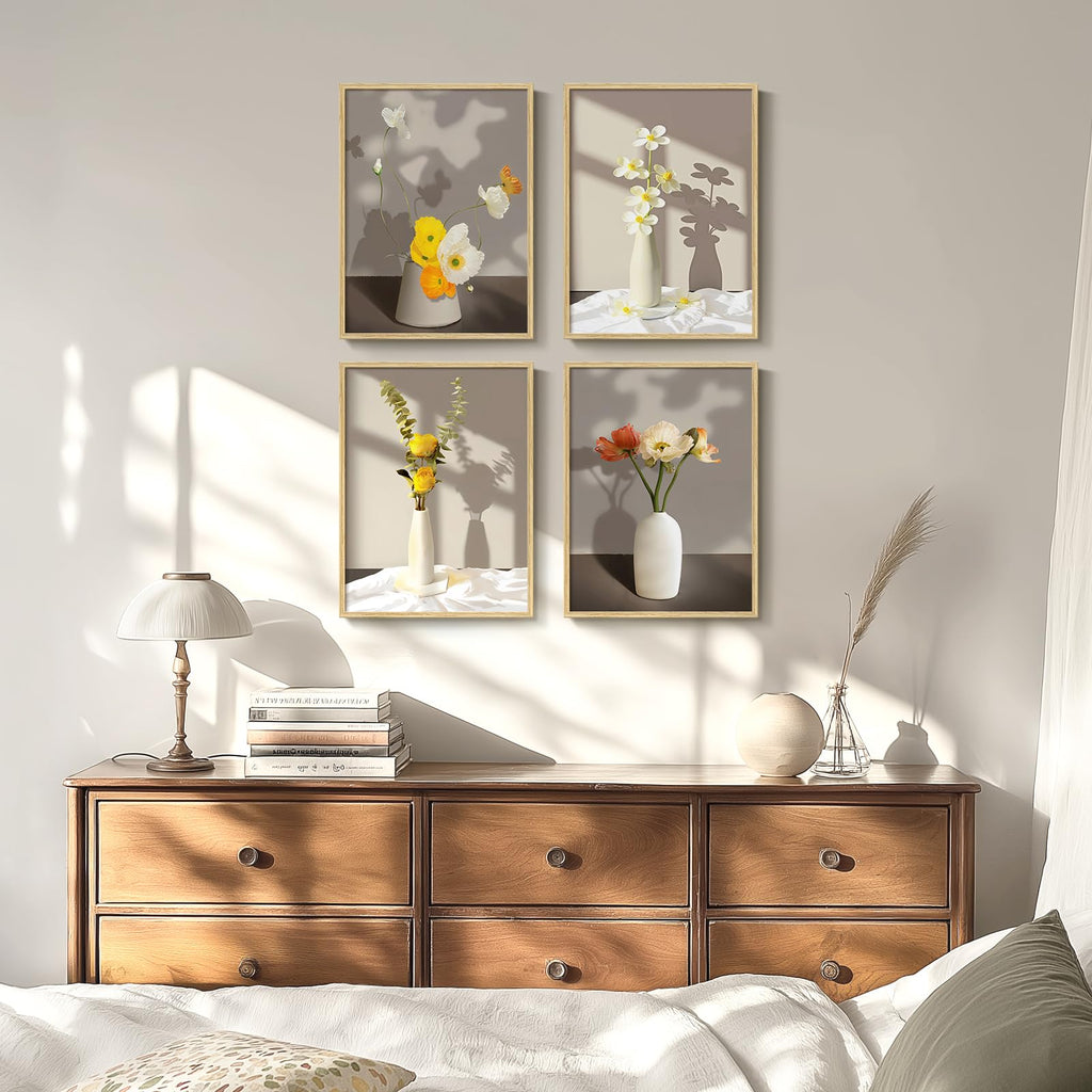 Framed Botanical Floral Wall Art, 4 Piece Yellow Flower Canvas Painting Prints Artwork for Walls, Modern Elegant