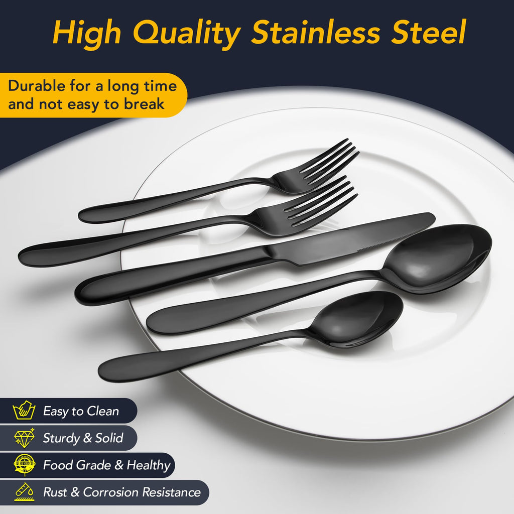 40 Piece Black Silverware Set Service for 8, Premium Stainless Steel Black Cutlery Set, Mirror Polished Flatware