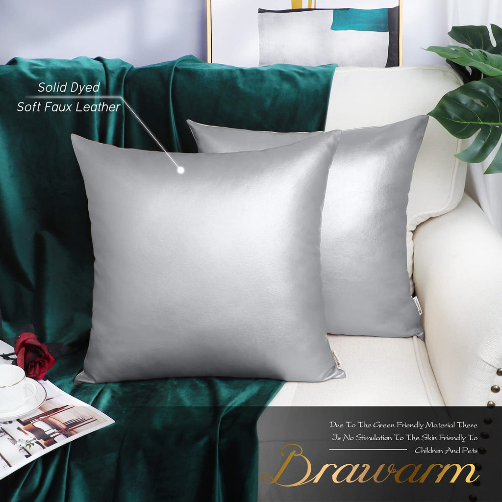Faux Leather Throw Pillow Covers 16x16 Inches, Silver, 2 Pack