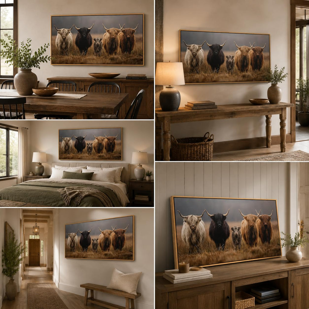 Framed Highland Cow Family Farmhouse Canvas Wall Art 16x32 Inch