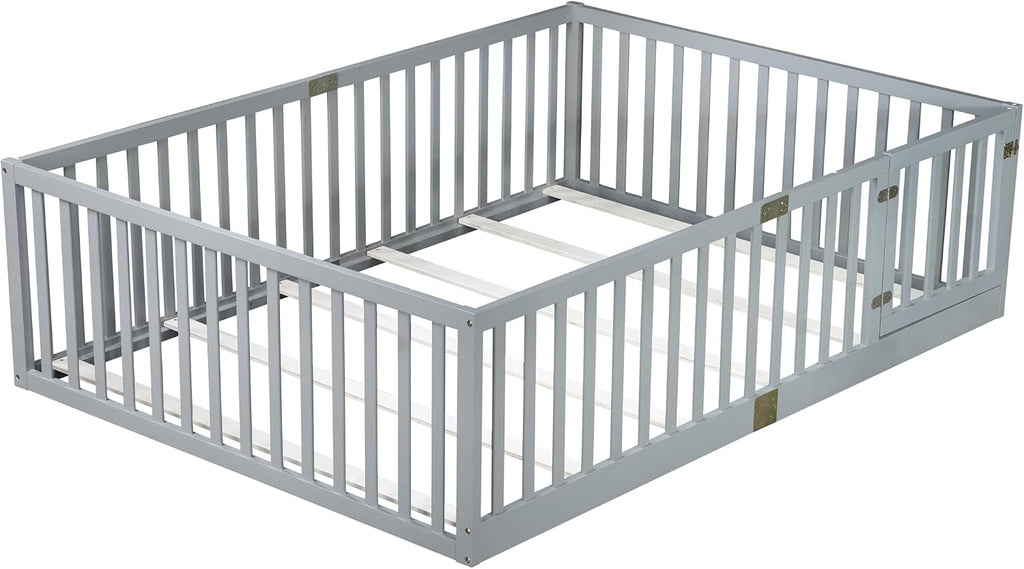 Montessori Floor Bed with Slats, High Guardrails & Door, Gray