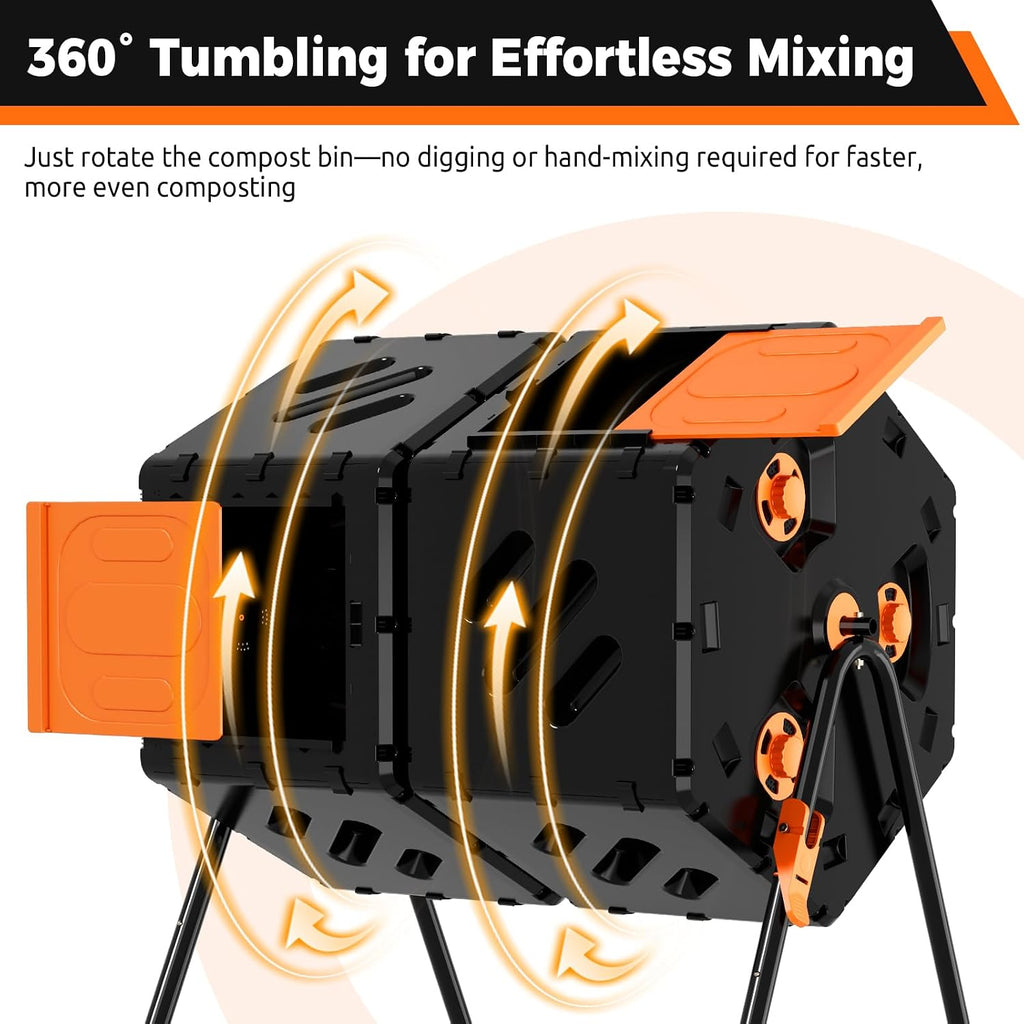 45 Gallon Large Compost Tumbler Outdoor, Dual Chamber Compost Bin | 360° Tumbling, Snap-Together Assembly, Heavy Duty
