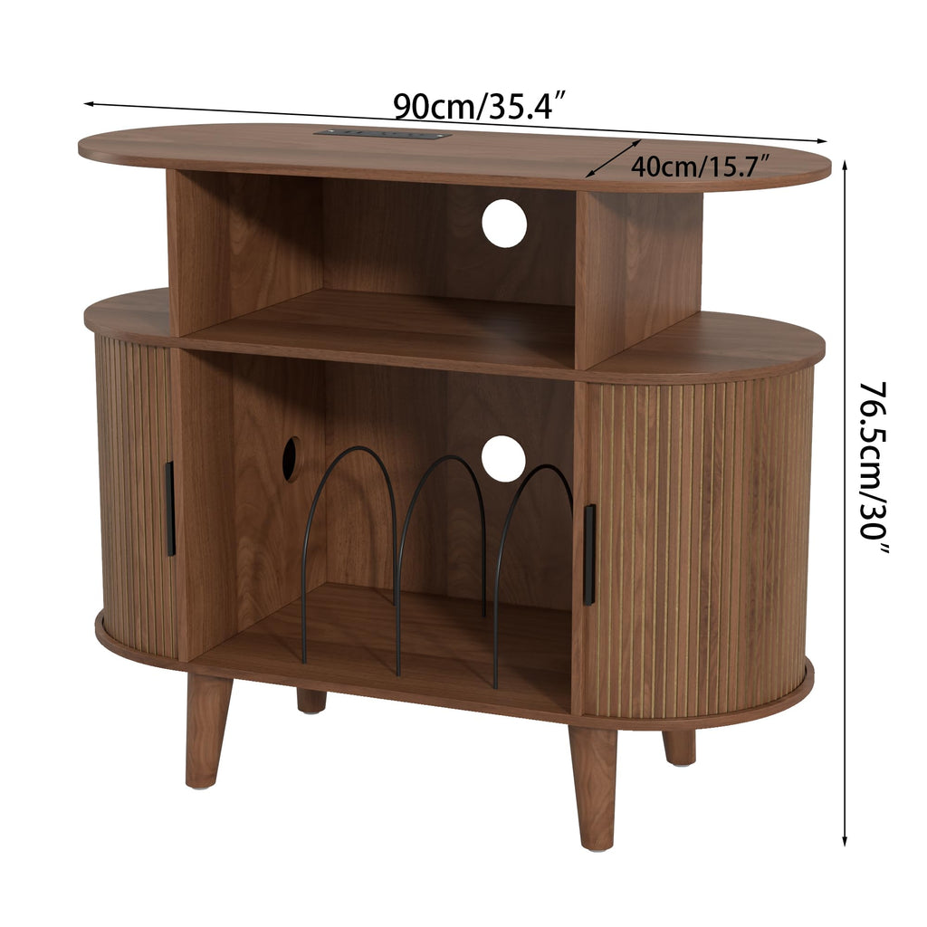 Large Round Record Player Stand with Charging Station & USB Ports