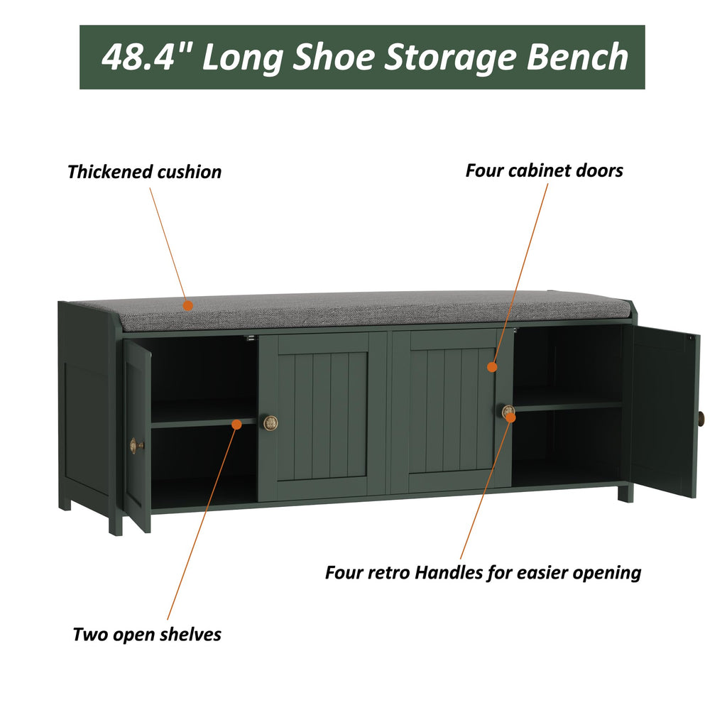 48.4" Shoe Storage Bench with Cushion, Entryway Bench with Paddded Seat, 2-Tier Shoe Cabinet Bench with Adjustable